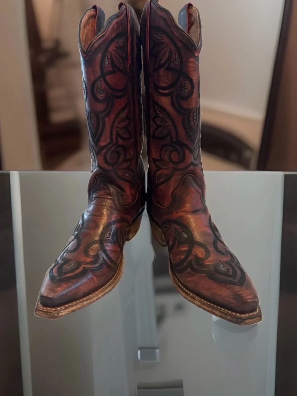 Dan Post DP4006 Leather Overlay Embroidered Cowgirl Boots Burgundy Black 7.5M